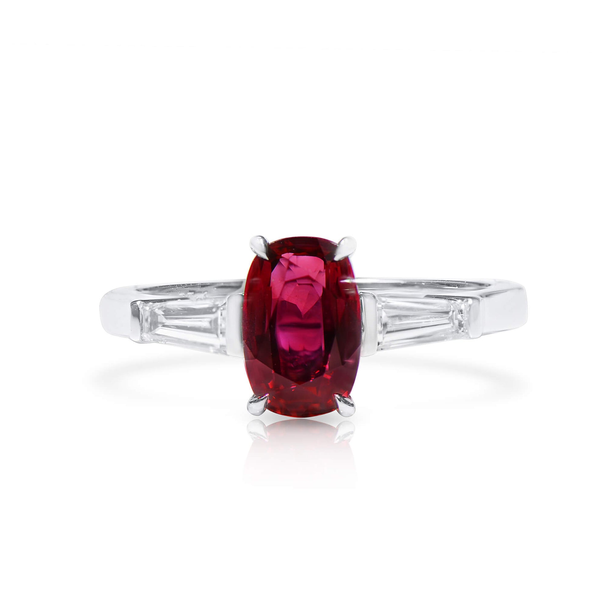Natural purplish red Ruby Three Stone Ring, 18K White Gold, Oval Shape, 2.46 Ct. TW