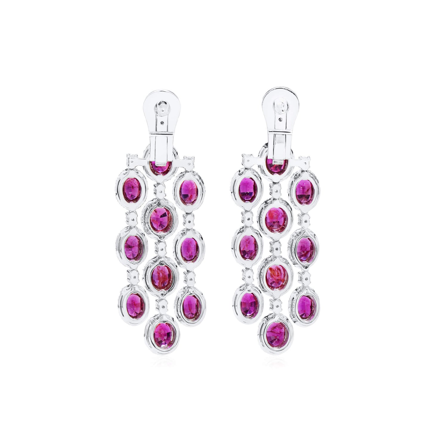 Natural Red Ruby Chandelier Earrings, 18K White Gold, Oval Shape, 10.62 Ct. TW, unheated
