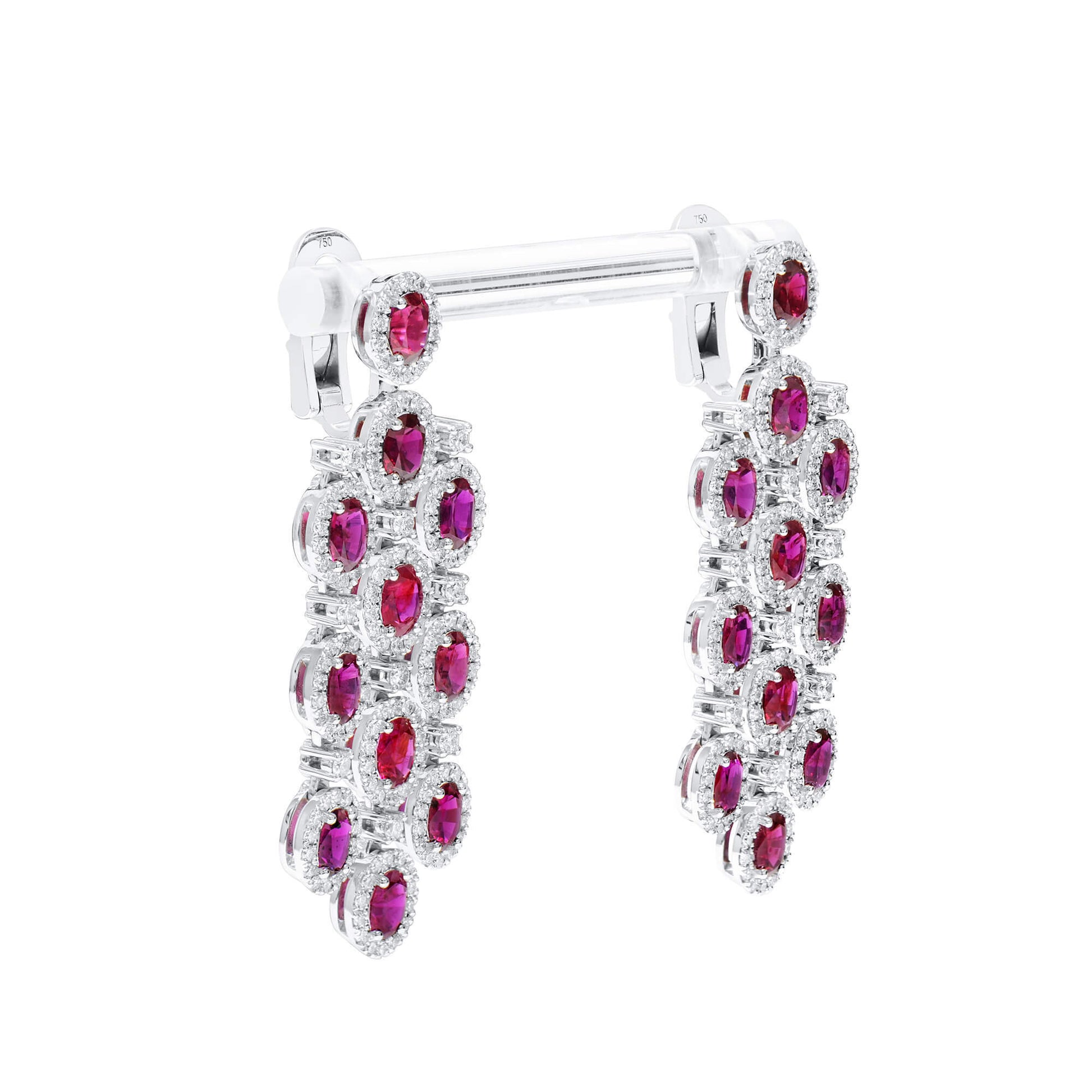 Natural Red Ruby Chandelier Earrings, 18K White Gold, Oval Shape, 10.62 Ct. TW, unheated