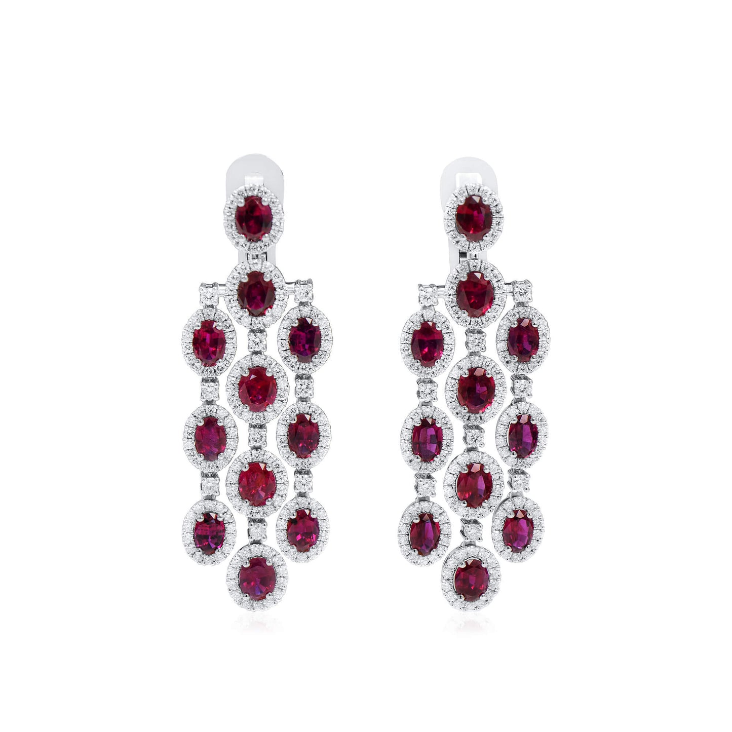 Natural Red Ruby Chandelier Earrings, 18K White Gold, Oval Shape, 10.62 Ct. TW, unheated