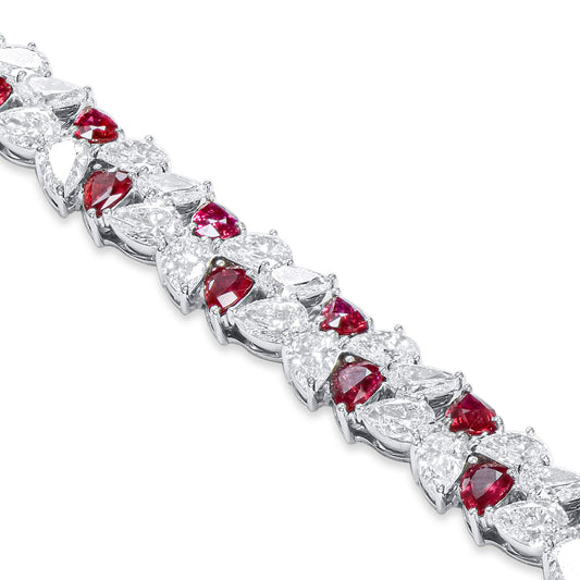 Natural 25.17 Ct. TW Pear-Cut Ruby & Diamond Bracelet, 18K White Gold