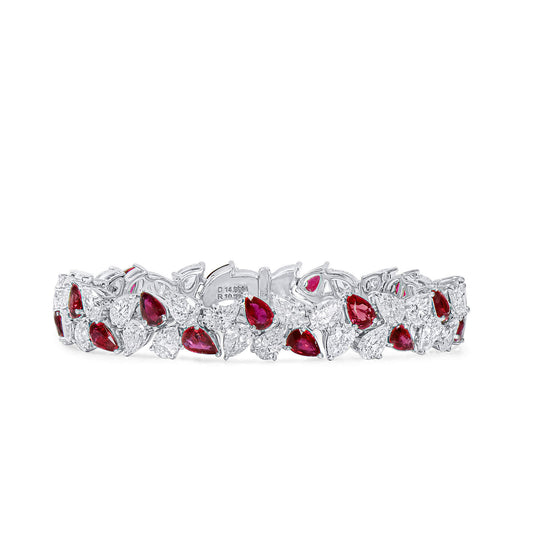 Natural 25.17 Ct. TW Pear-Cut Ruby & Diamond Bracelet, 18K White Gold
