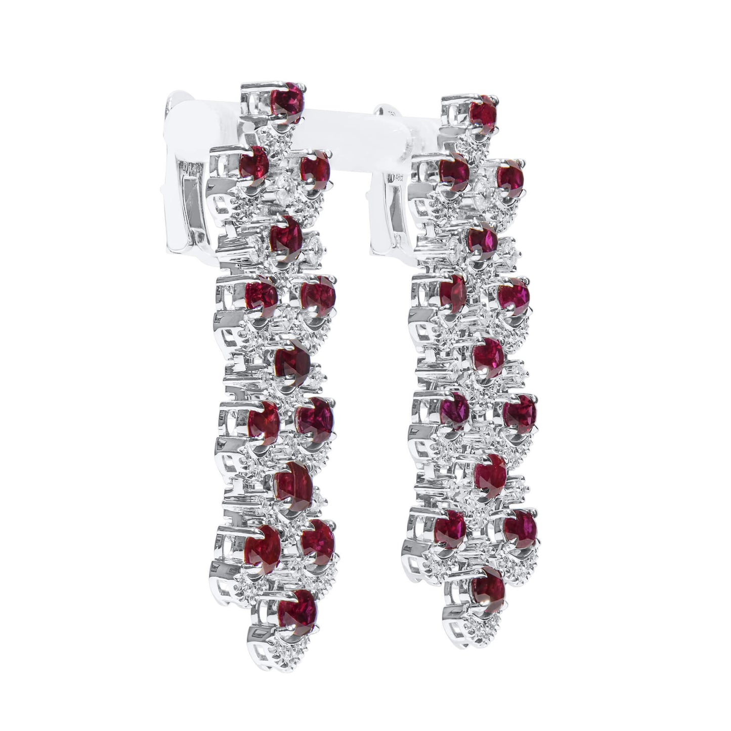 Natural Red Ruby Chandelier Earrings, 18K White Gold, Oval Shape, 10.73 Ct. TW, unheated
