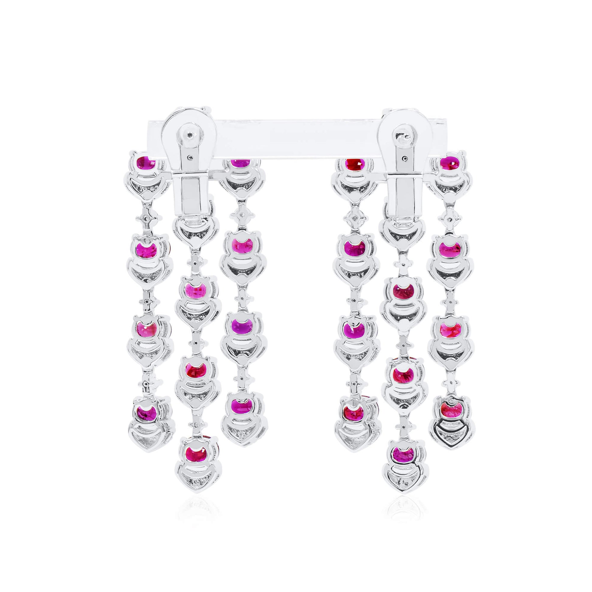 Natural Red Ruby Chandelier Earrings, 18K White Gold, Oval Shape, 10.73 Ct. TW, unheated