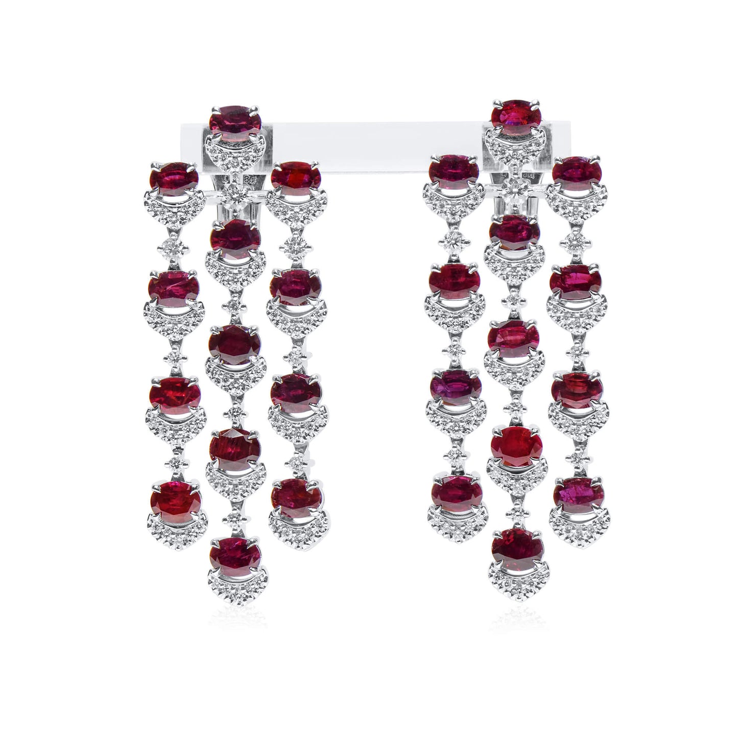 Natural Red Ruby Chandelier Earrings, 18K White Gold, Oval Shape, 10.73 Ct. TW, unheated