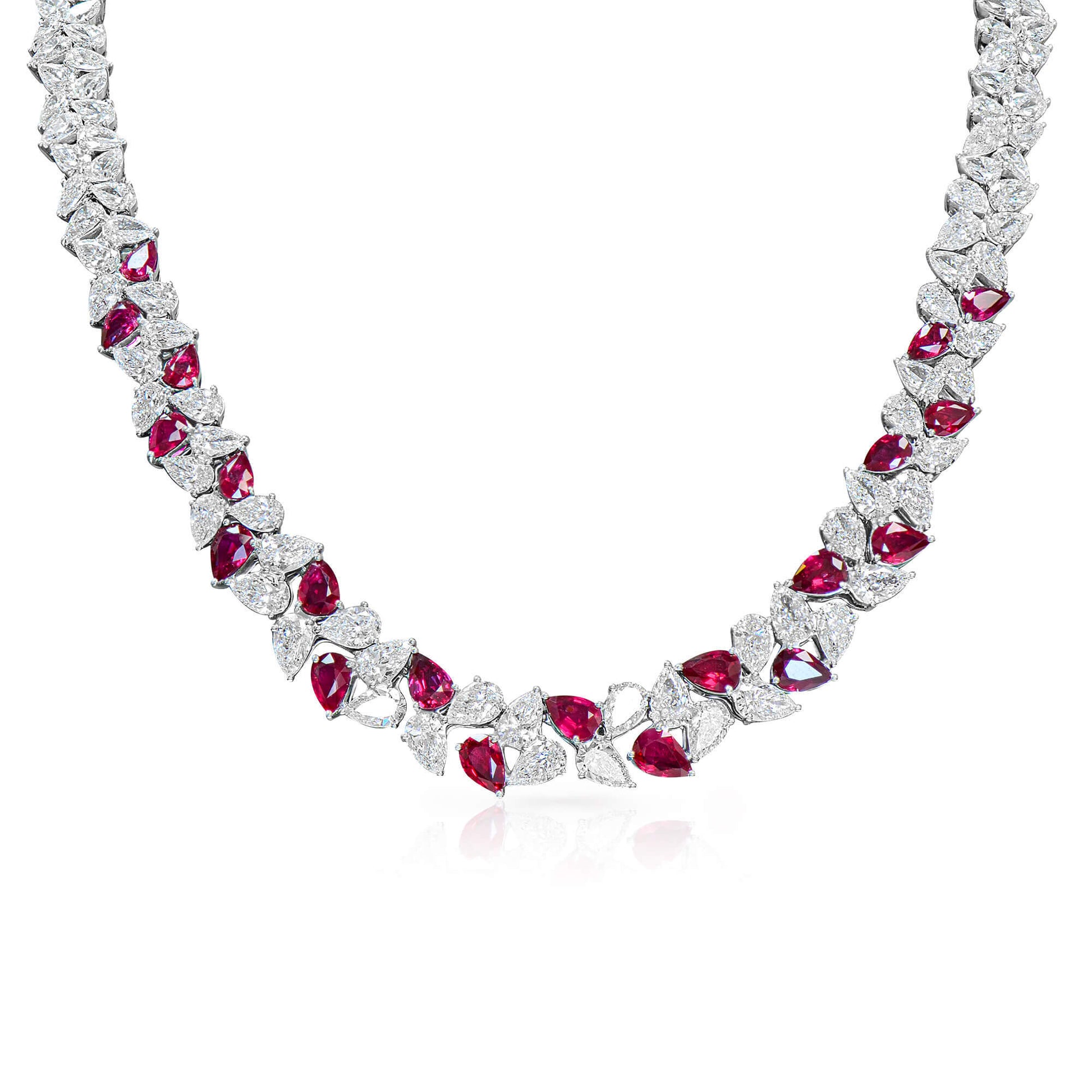 Natural Diamond & Red Ruby Necklace, 18K White Gold, Pear Shape, 55.27 Ct. TW
