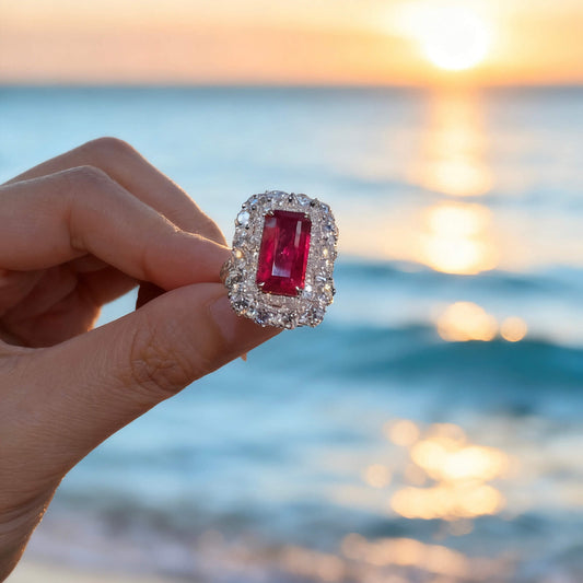 Natural 5.03 Ct. Octagonal-Cut Ruby & Diamond Halo Ring, 18K White Gold
