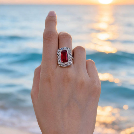 Natural 5.03 Ct. Octagonal-Cut Ruby & Diamond Halo Ring, 18K White Gold