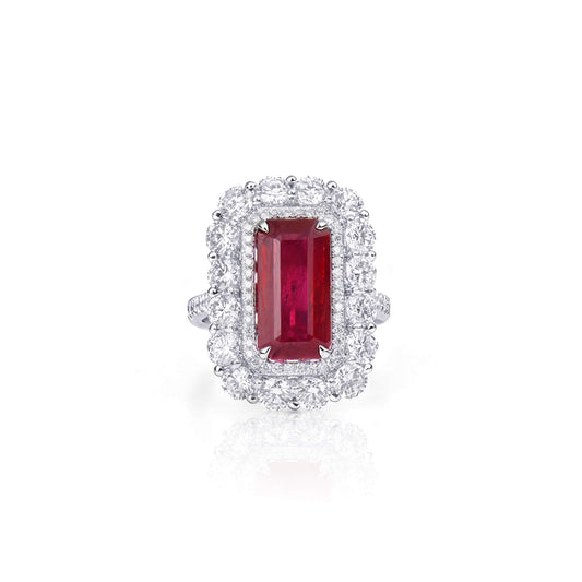 Natural 5.03 Ct. Octagonal-Cut Ruby & Diamond Halo Ring, 18K White Gold