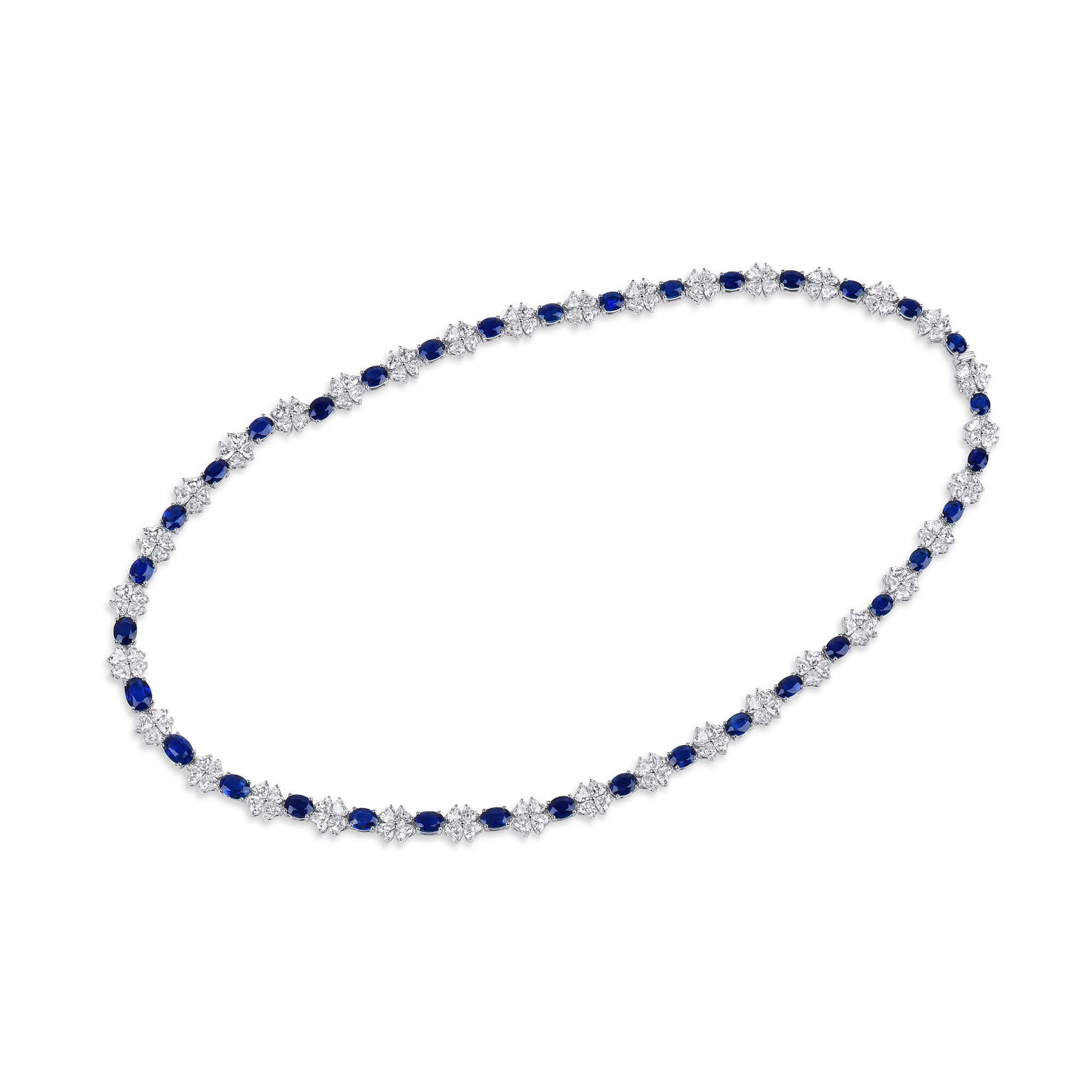 Natural Vivid Blue Ceylon Sapphire Necklace, 18K White Gold, Oval Shape, 33.03 Ct. TW, unheated
