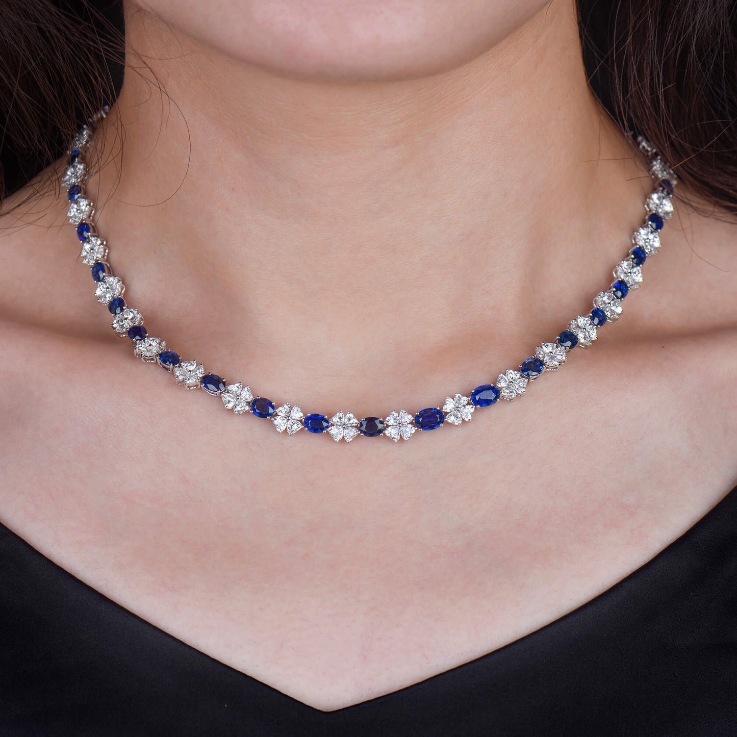 Natural Vivid Blue Ceylon Sapphire Necklace, 18K White Gold, Oval Shape, 33.03 Ct. TW, unheated