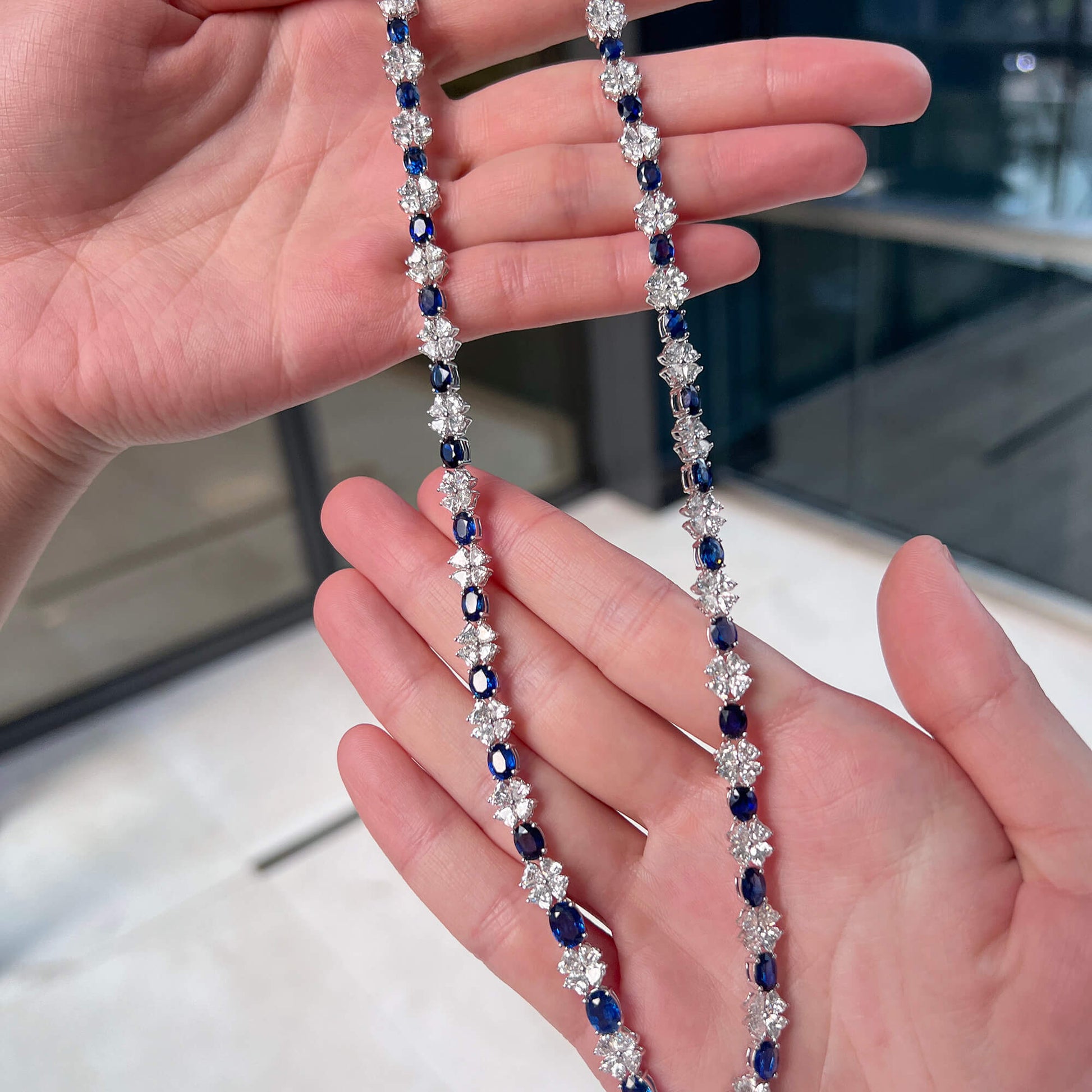 Natural Vivid Blue Ceylon Sapphire Necklace, 18K White Gold, Oval Shape, 33.03 Ct. TW, unheated