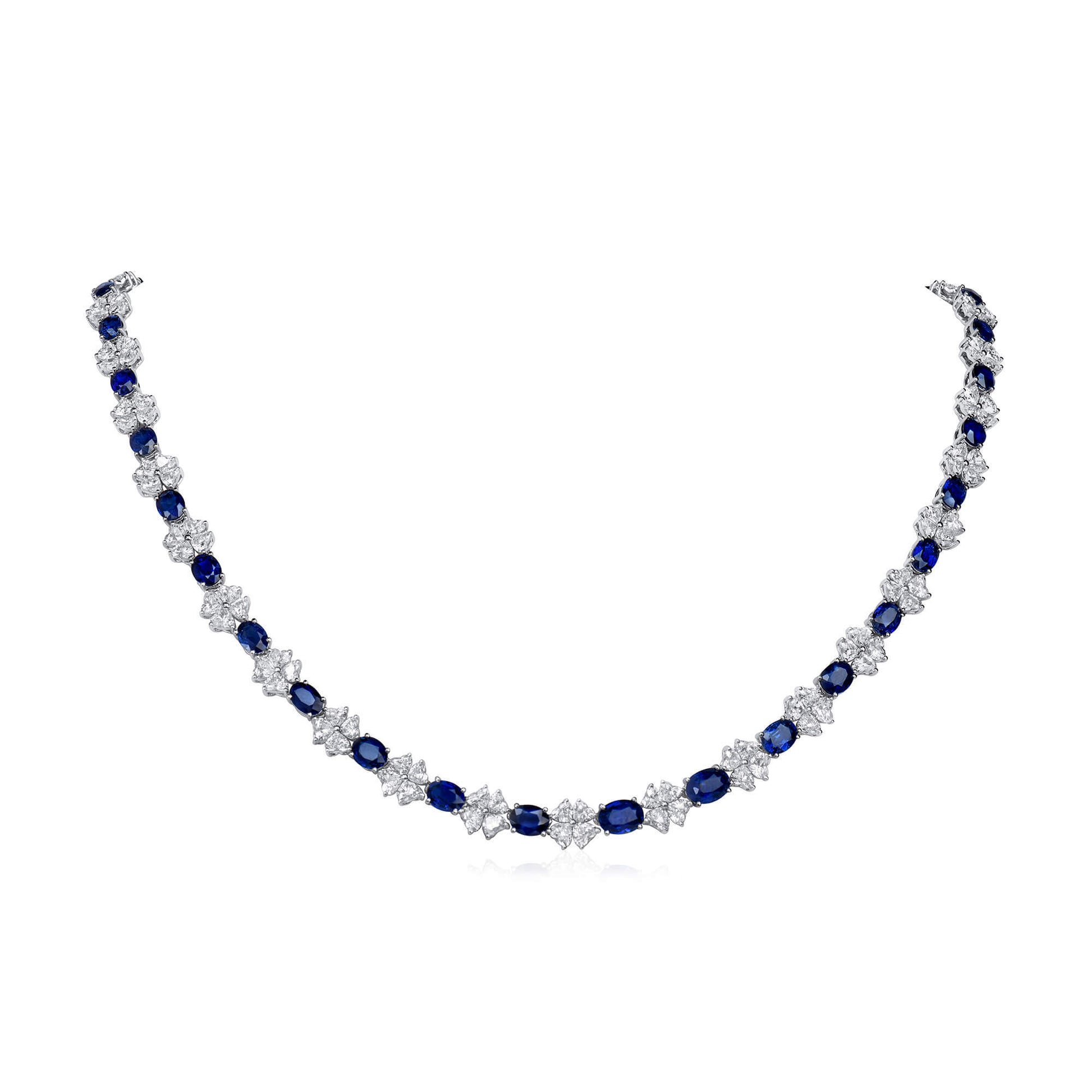 Natural Vivid Blue Ceylon Sapphire Necklace, 18K White Gold, Oval Shape, 33.03 Ct. TW, unheated