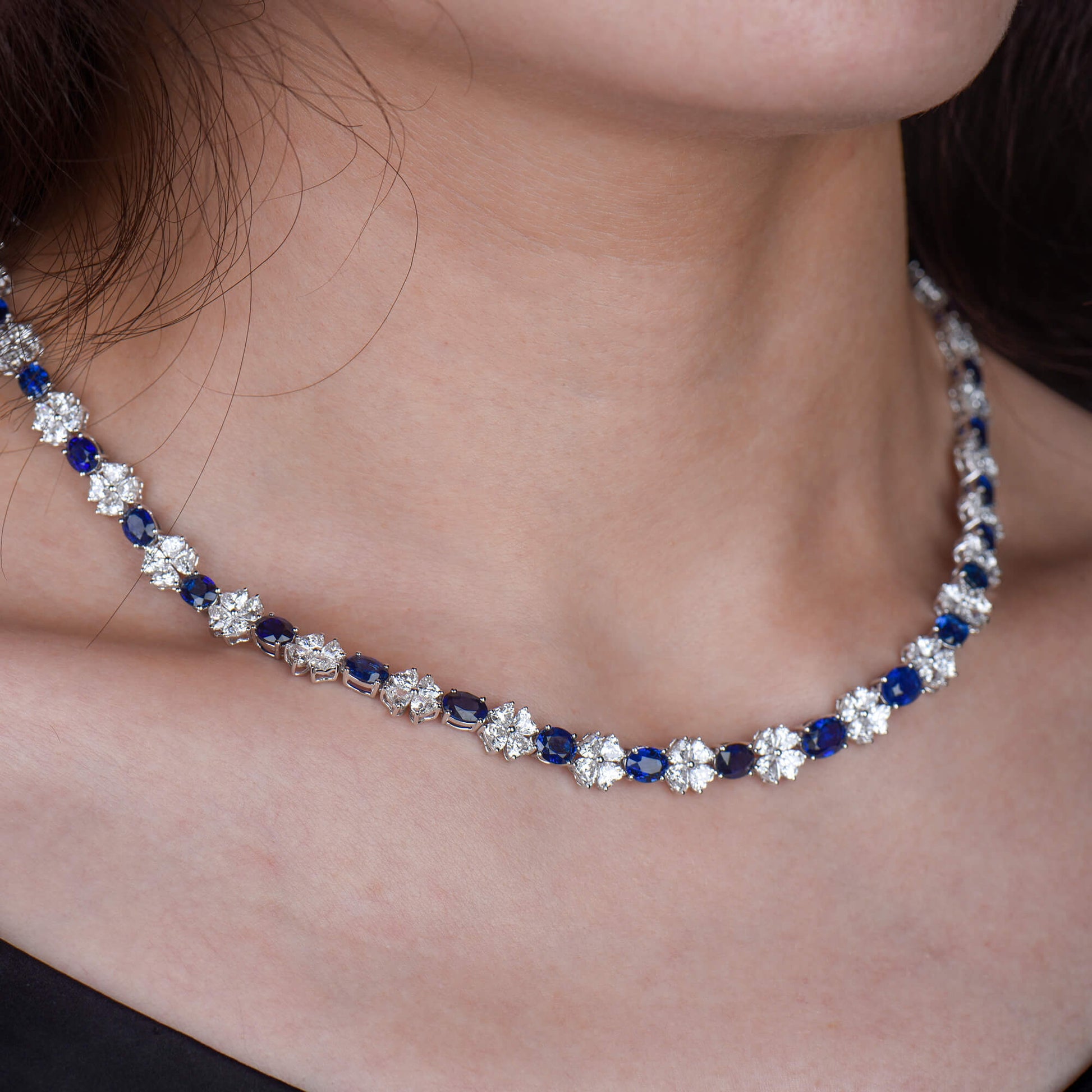 Natural Vivid Blue Ceylon Sapphire Necklace, 18K White Gold, Oval Shape, 33.03 Ct. TW, unheated