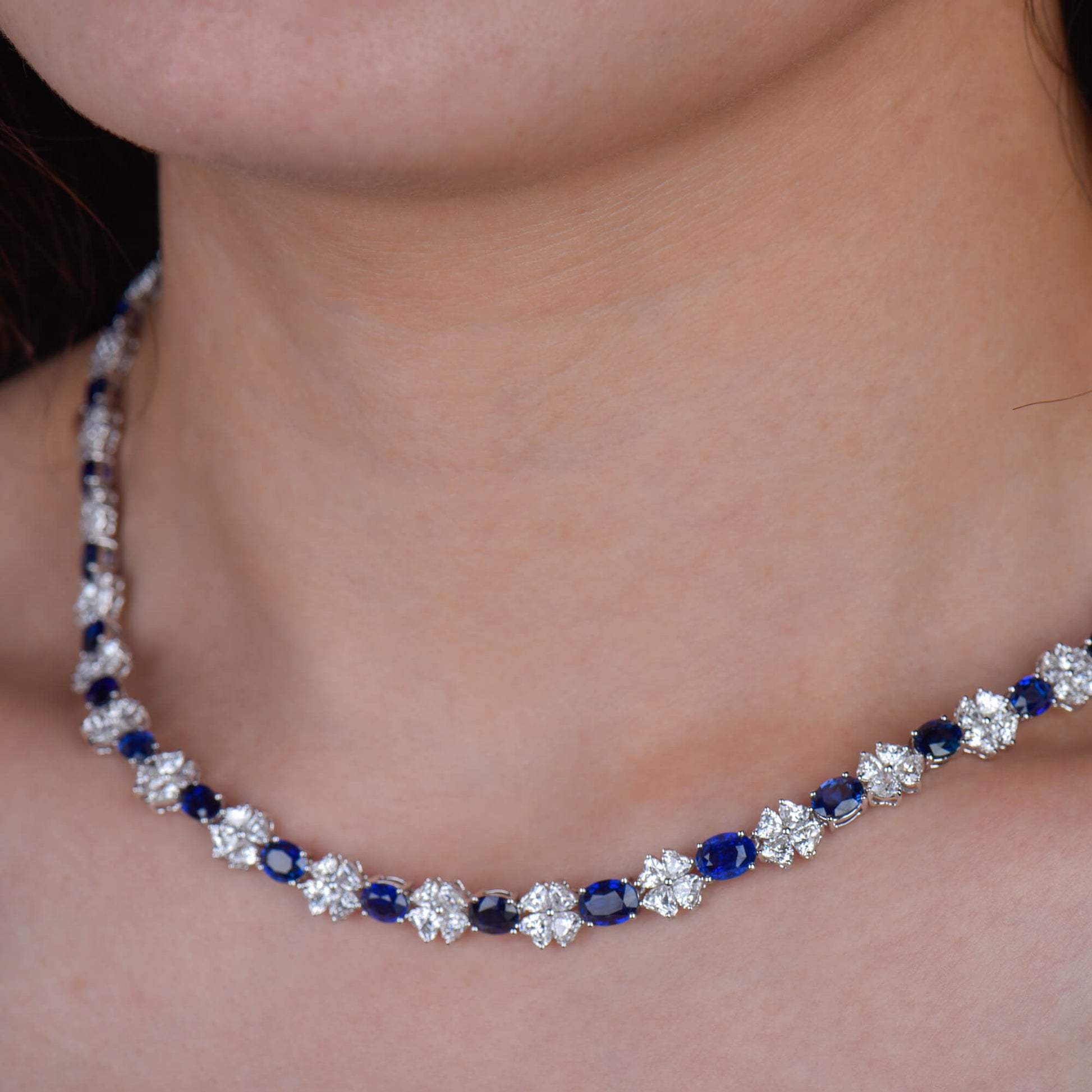 Natural Vivid Blue Ceylon Sapphire Necklace, 18K White Gold, Oval Shape, 33.03 Ct. TW, unheated