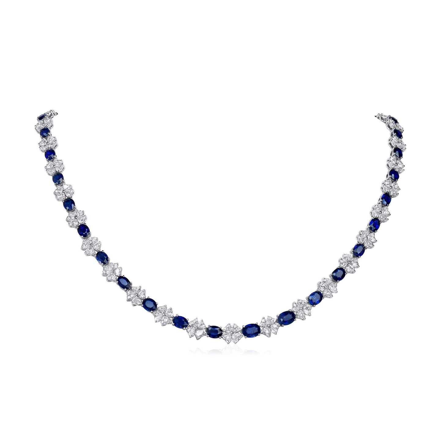 Natural Vivid Blue Ceylon Sapphire Necklace, 18K White Gold, Oval Shape, 33.03 Ct. TW, unheated