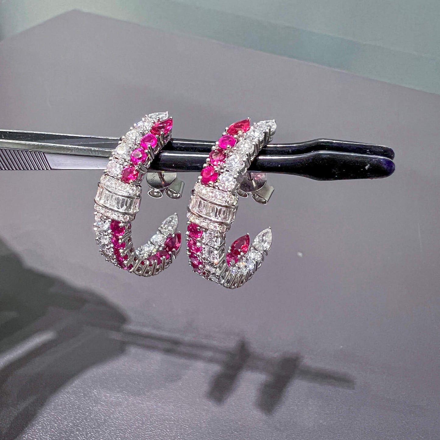 Natural Ruby And Diamond Hoop Earrings, 18K White Gold, Round Shape, 6.57 Ct. TW