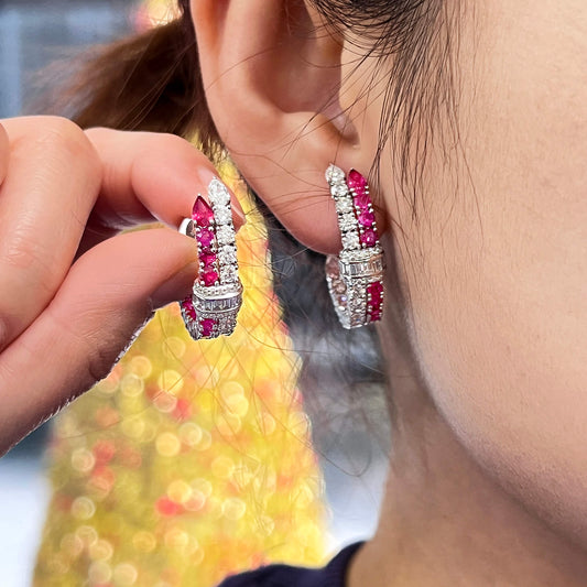 Natural Ruby And Diamond Hoop Earrings, 18K White Gold, Round Shape, 6.57 Ct. TW