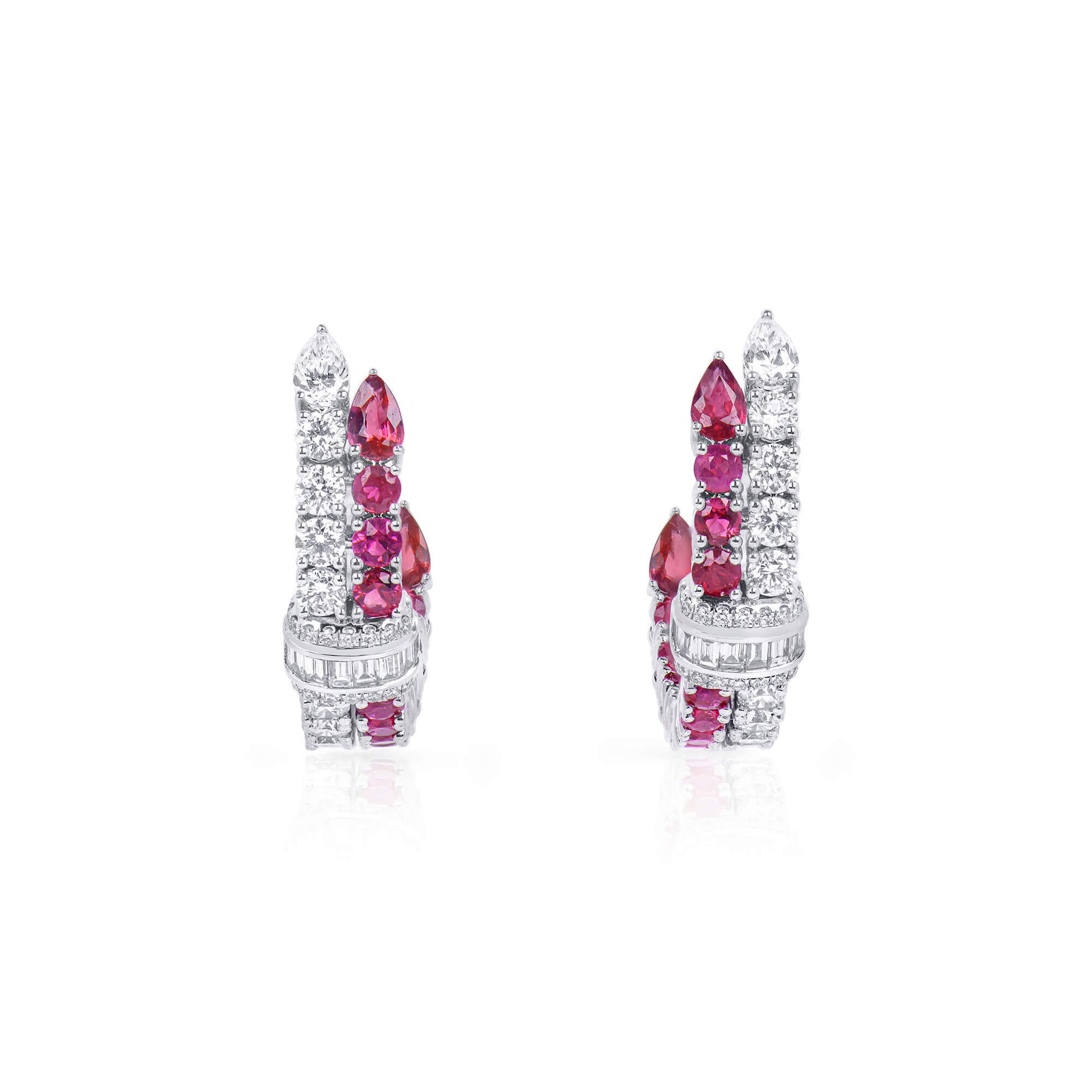 Natural Ruby And Diamond Hoop Earrings, 18K White Gold, Round Shape, 6.57 Ct. TW