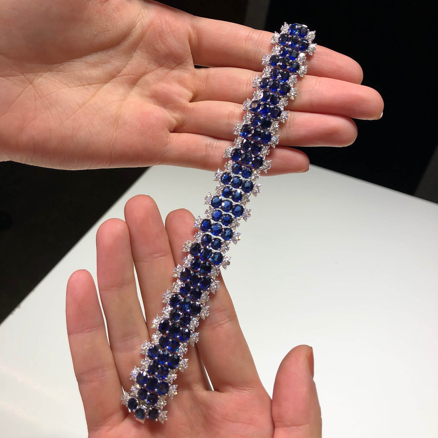 Natural Vivid Blue Burmese Sapphire Bracelet, 18K White Gold, Round Shape, 40.77 Ct. TW