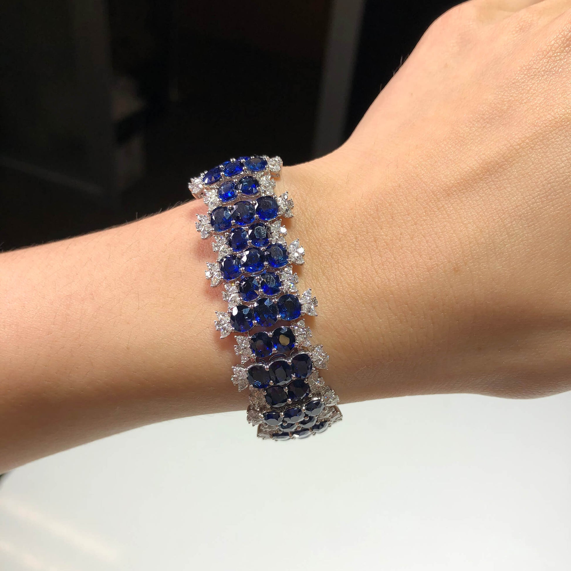 Natural Vivid Blue Burmese Sapphire Bracelet, 18K White Gold, Round Shape, 40.77 Ct. TW