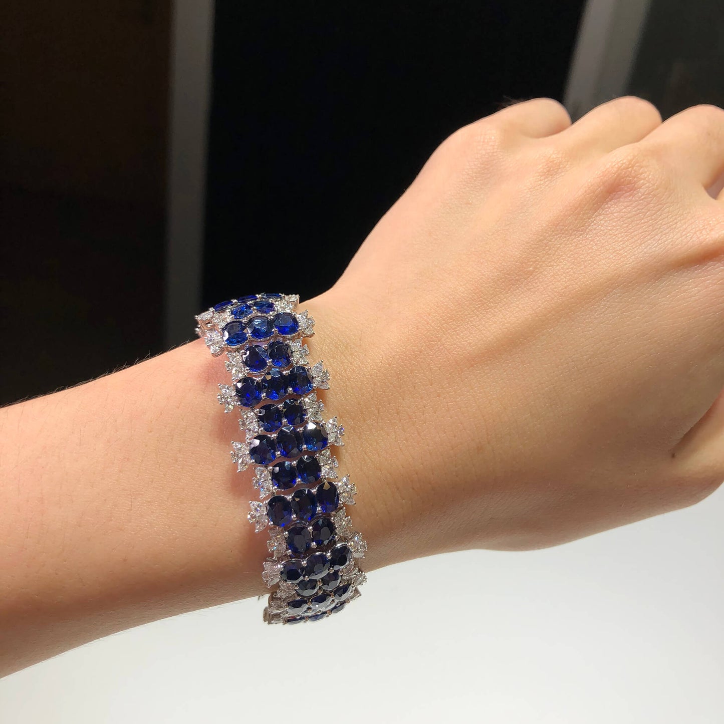 Natural Vivid Blue Burmese Sapphire Bracelet, 18K White Gold, Round Shape, 40.77 Ct. TW
