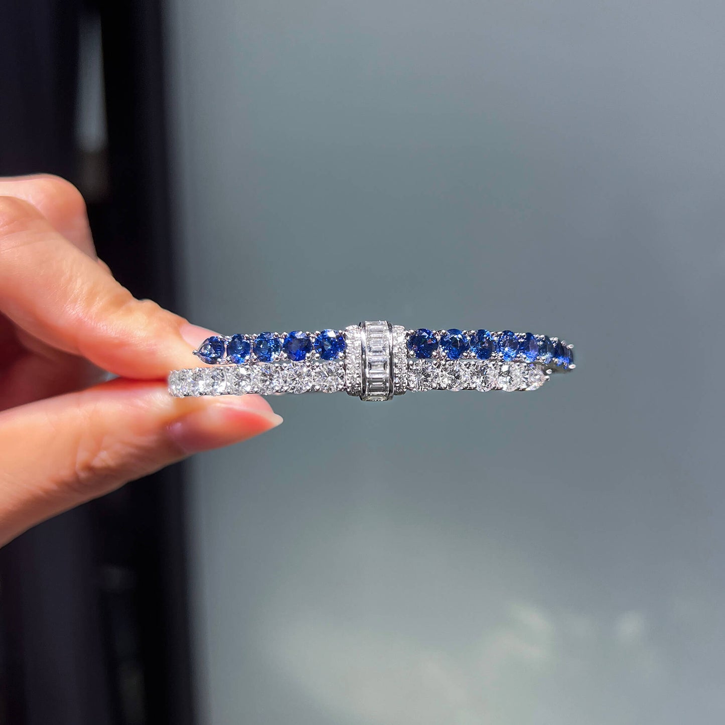 Natural Diamond and Vivid Blue Sapphire Bangle, 18K White Gold, 11.25 Ct. TW