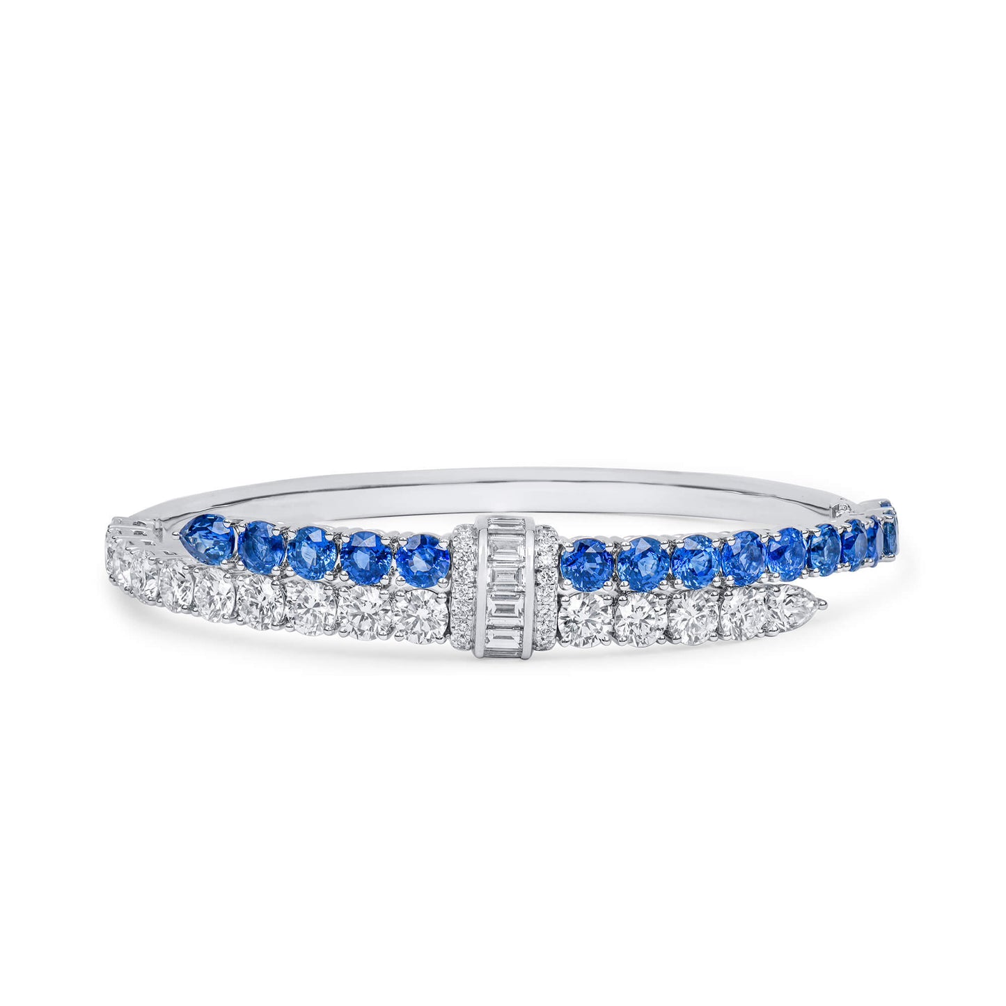 Natural Diamond and Vivid Blue Sapphire Bangle, 18K White Gold, 11.25 Ct. TW