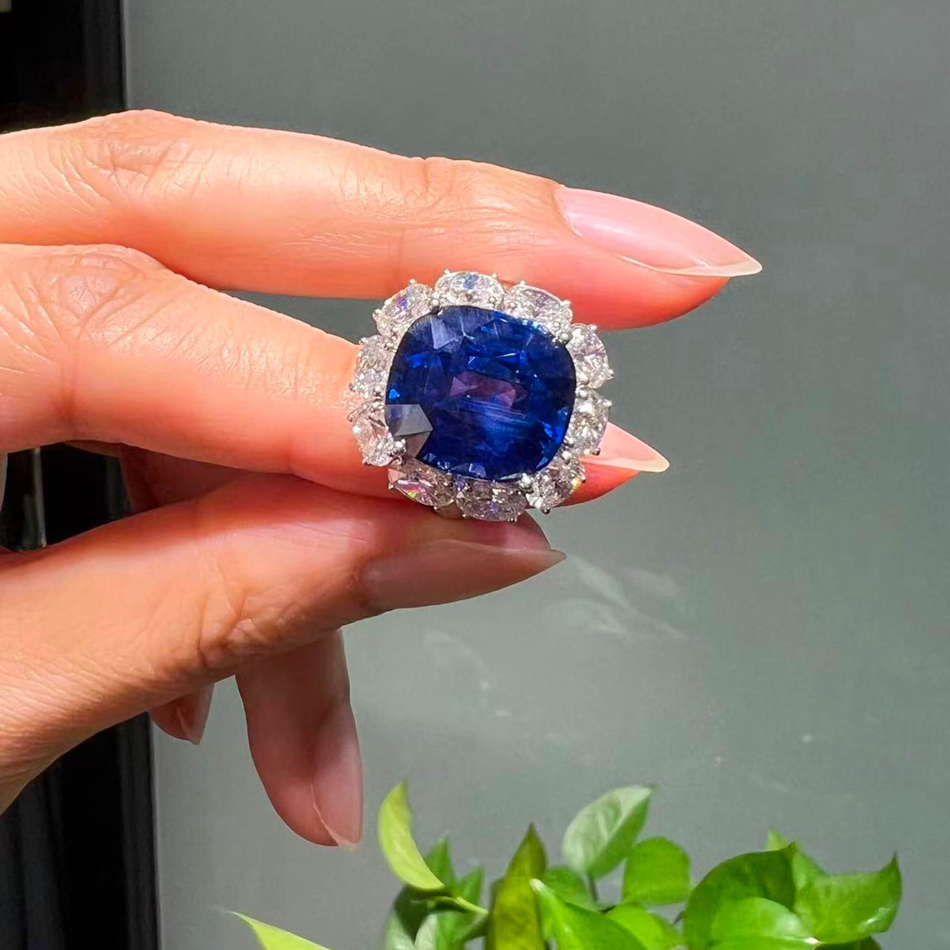 Natural Vivid Blue Ceylon Sapphire Halo Ring, 18K White Gold, Cushion Shape, 16.66 Ct. TW, unheated