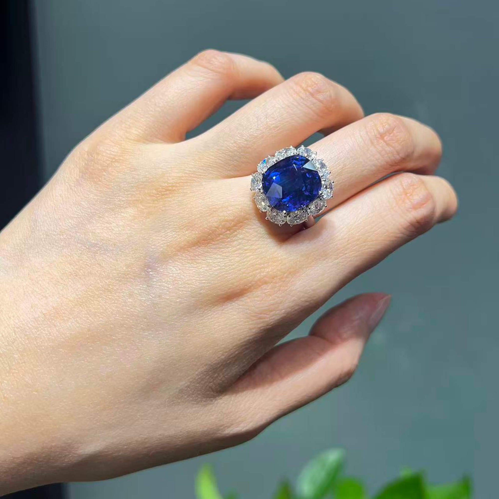 Natural Vivid Blue Ceylon Sapphire Halo Ring, 18K White Gold, Cushion Shape, 16.66 Ct. TW, unheated