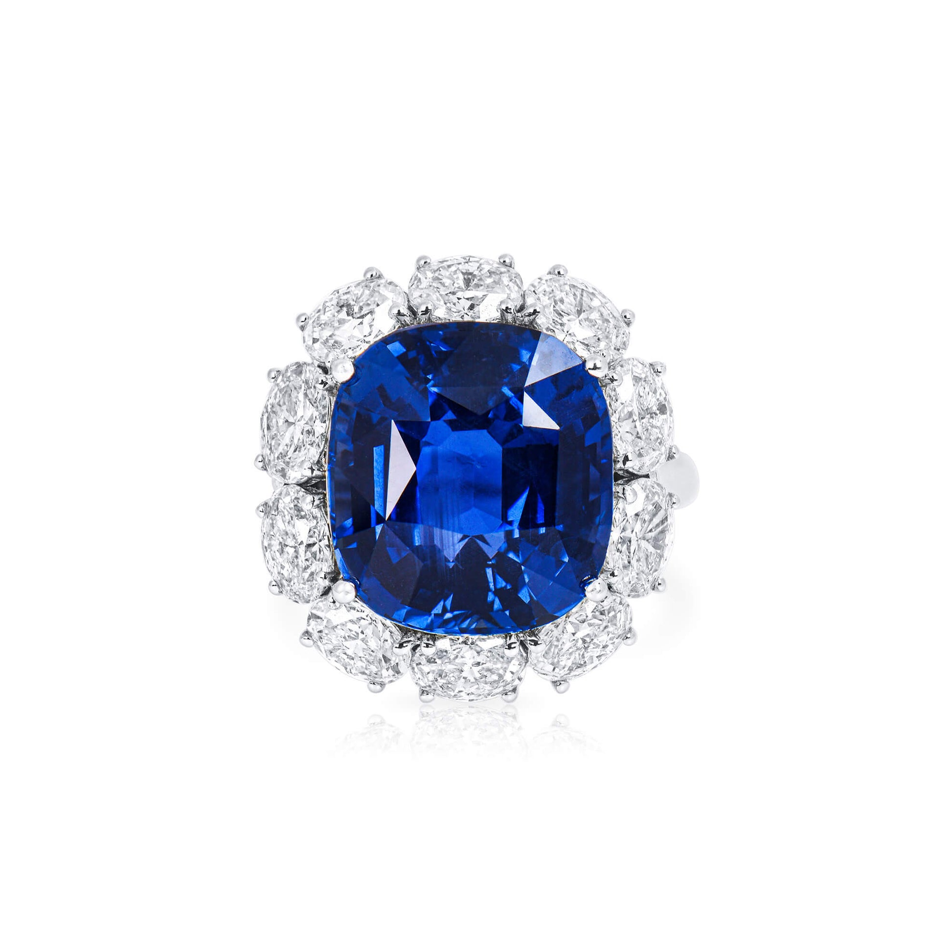 Natural Vivid Blue Ceylon Sapphire Halo Ring, 18K White Gold, Cushion Shape, 16.66 Ct. TW, unheated