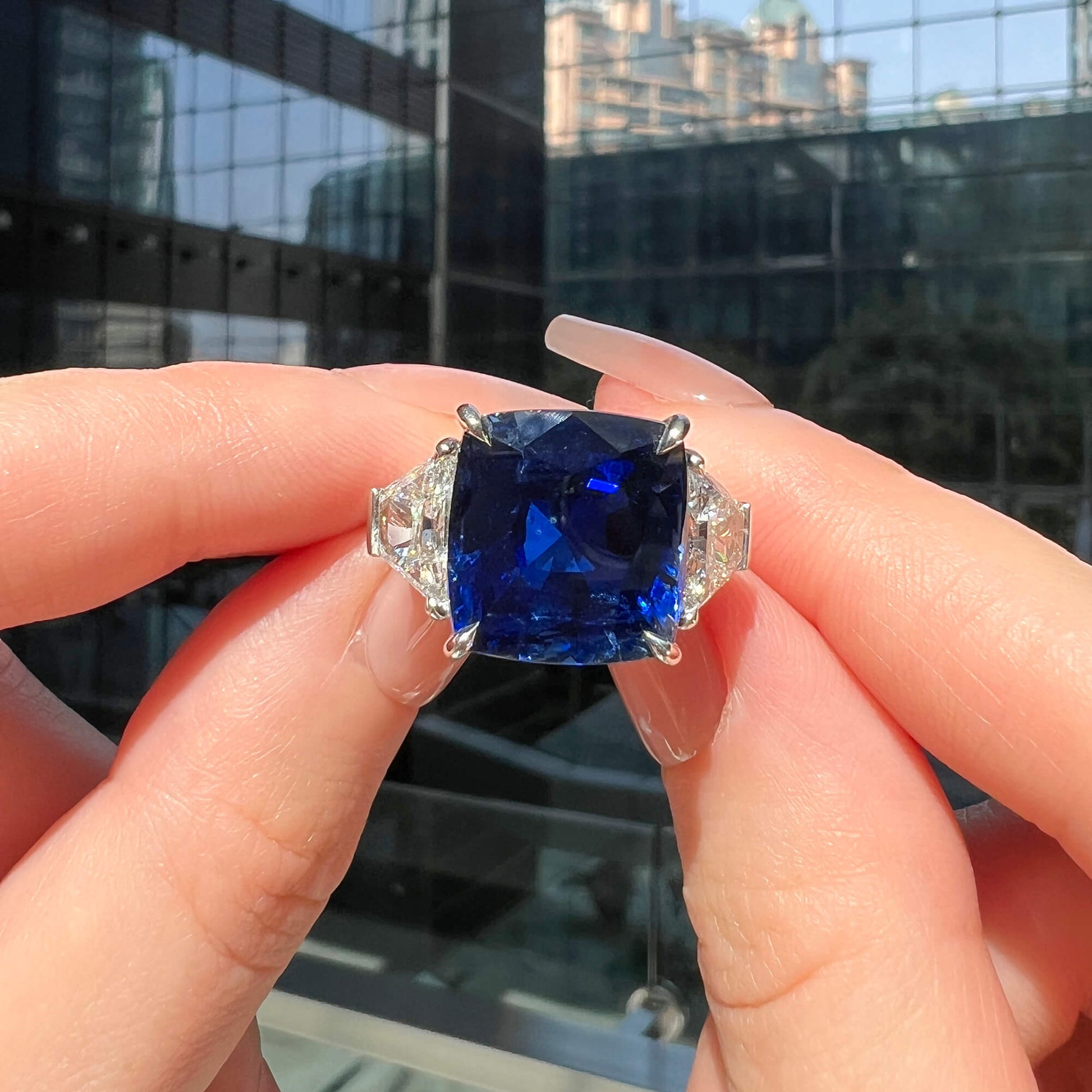 Natural Vivid Blue Sapphire Cocktail Ring, 18K White Gold, Cushion Shape, 21.13 Ct. TW