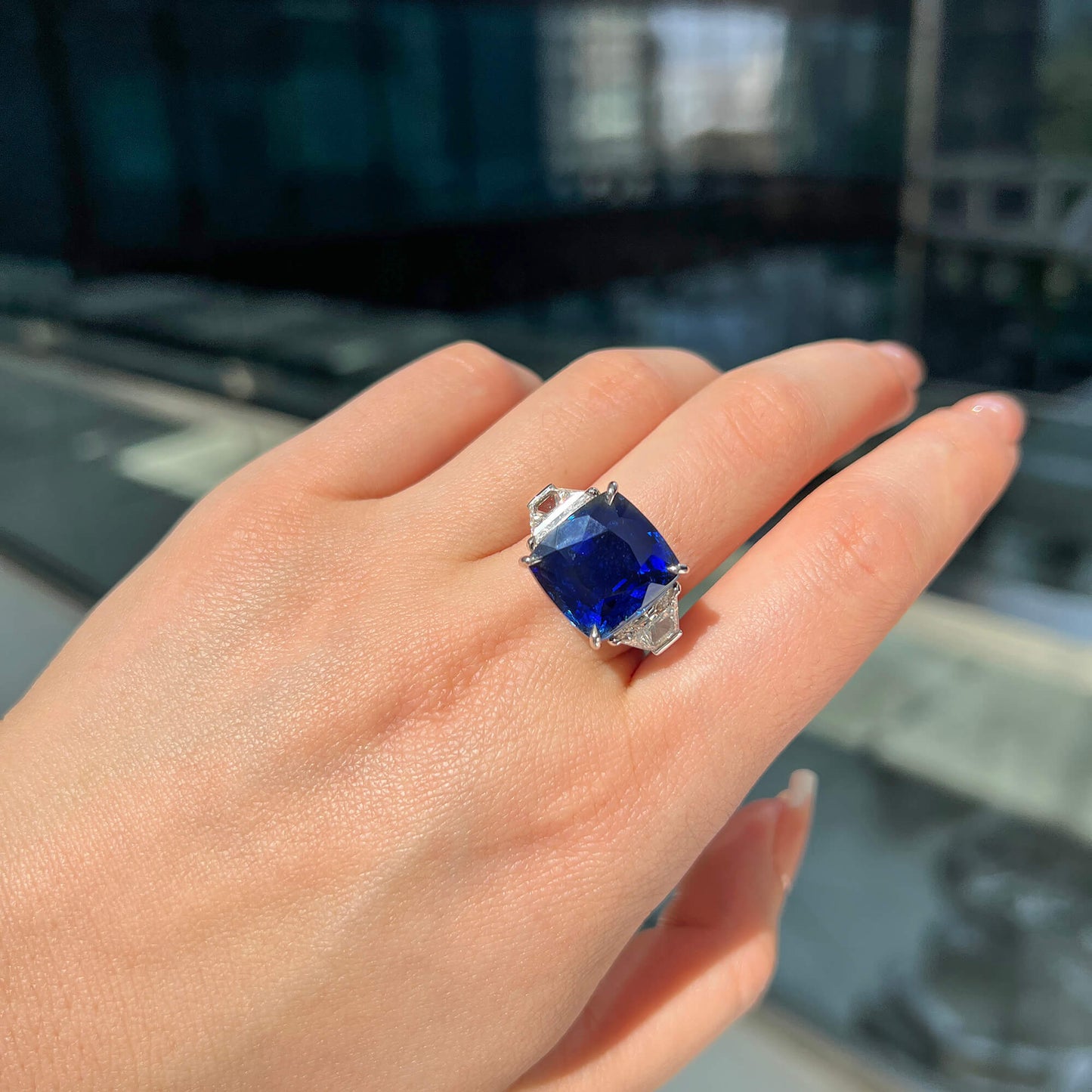 Natural Vivid Blue Sapphire Cocktail Ring, 18K White Gold, Cushion Shape, 21.13 Ct. TW