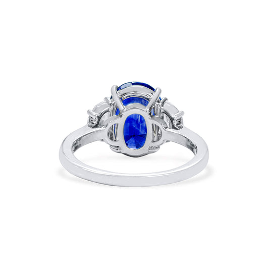 Natural Vivid Blue Ceylon Sapphire Three Stone Ring, 18K White Gold, Oval Shape, 5.11 Ct. TW