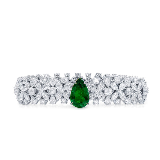 天然 艳绿色 哥伦比亚 祖母绿手链，总重22.40克拉，水滴形，C.DUNAIGRE认证