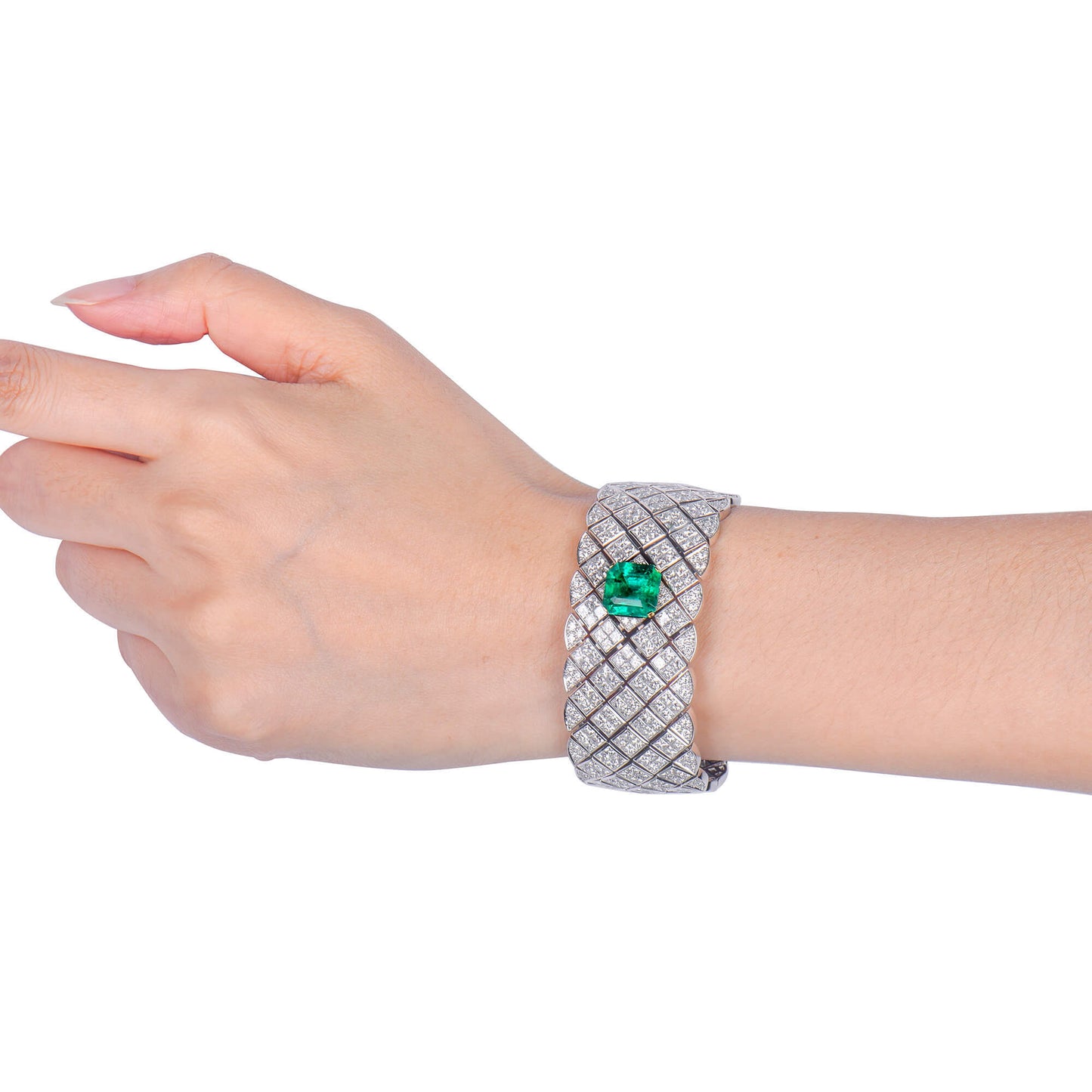 Natural Vivid Green Colombian Emerald & Diamond Bracelet, 18K White Gold, 45.02 Ct. TW