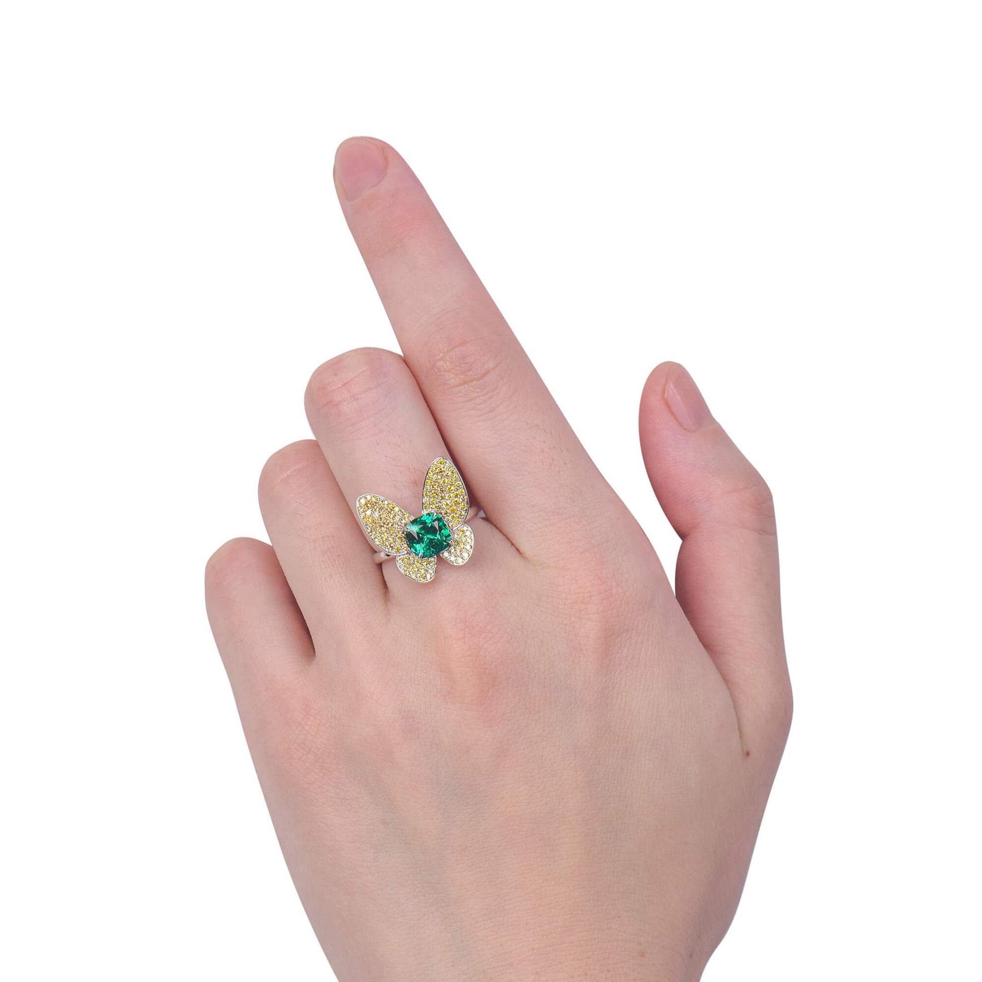 Natural 2.16 Ct. TW Cushion-Cut Colombian Emerald Butterfly Ring, 18K White Gold