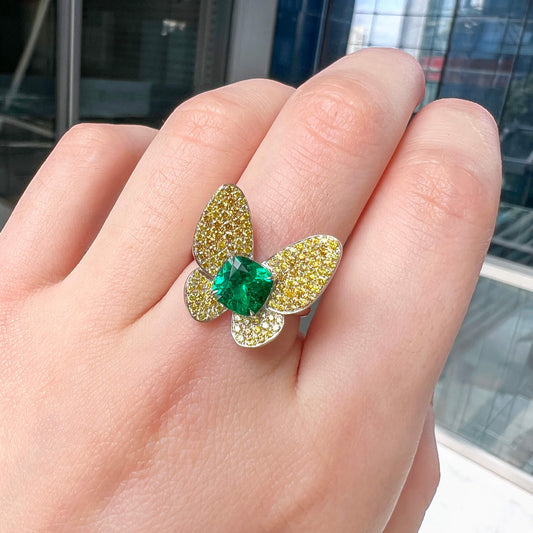 Natural 2.16 Ct. TW Cushion-Cut Colombian Emerald Butterfly Ring, 18K White Gold