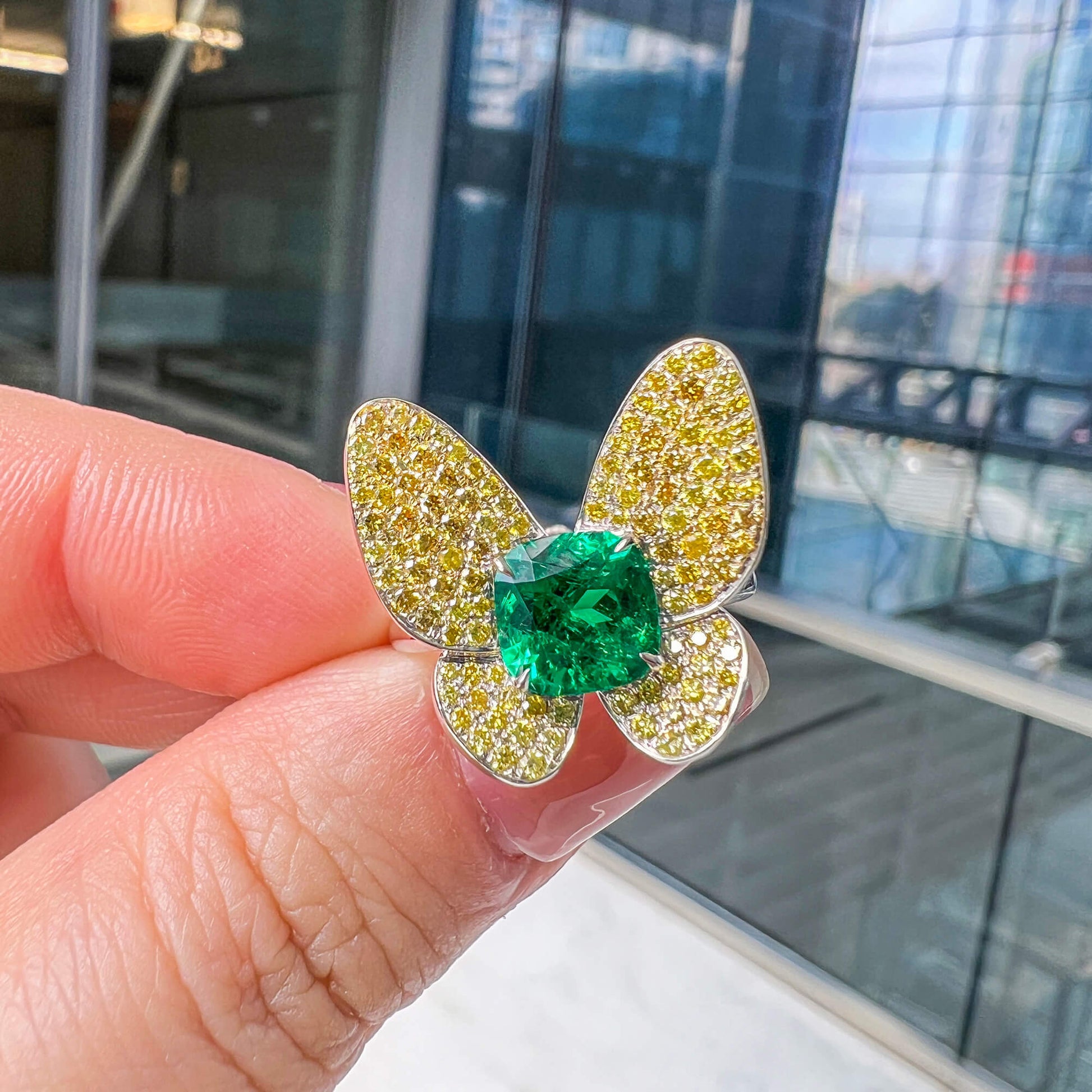 Natural 2.16 Ct. TW Cushion-Cut Colombian Emerald Butterfly Ring, 18K White Gold