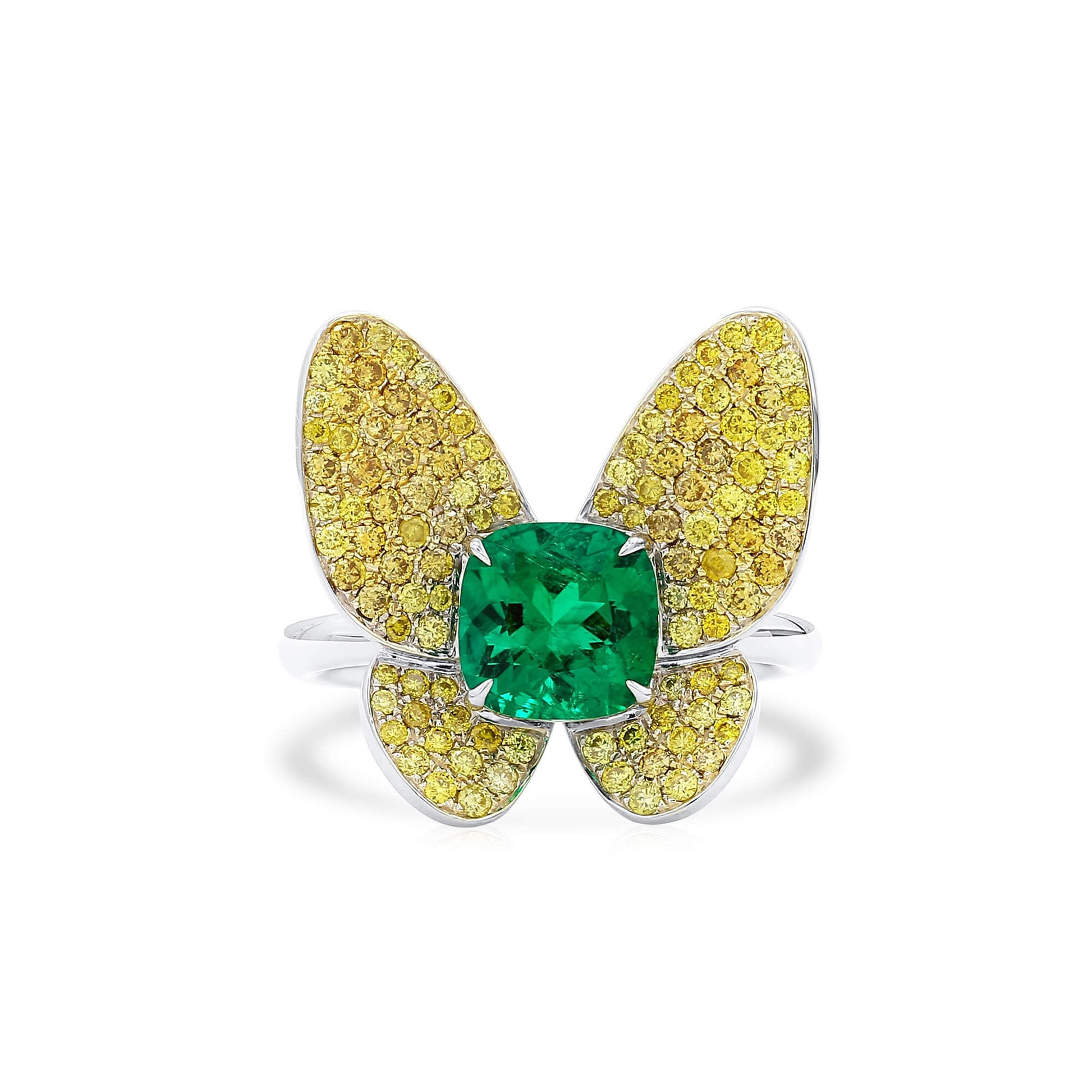 Natural 2.16 Ct. TW Cushion-Cut Colombian Emerald Butterfly Ring, 18K White Gold