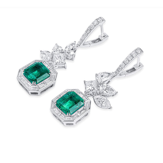 Natural Vivid Green Colombian Emerald and White Diamond Drop Earrings, 18K White Gold, Cushion Shape, 7.24 Ct. TW