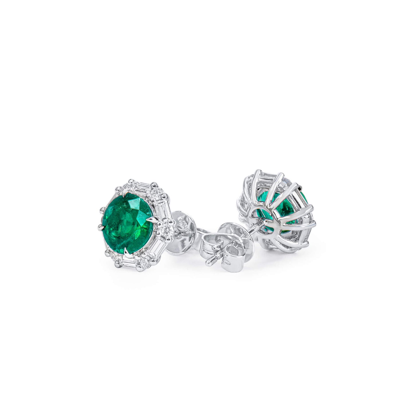 Natural Vivid Green Colombian Emerald Studs Earrings, 18K White Gold, Round Shape, 2.34 Ct. TW, Not Treated