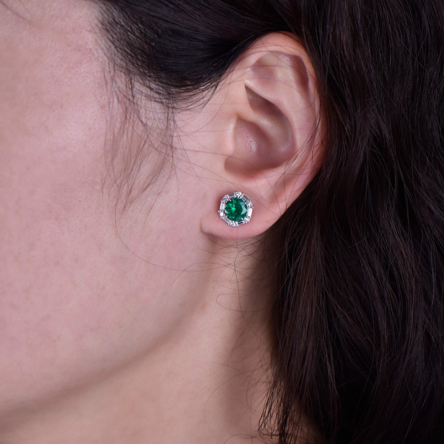Natural Vivid Green Colombian Emerald Studs Earrings, 18K White Gold, Round Shape, 2.34 Ct. TW, Not Treated