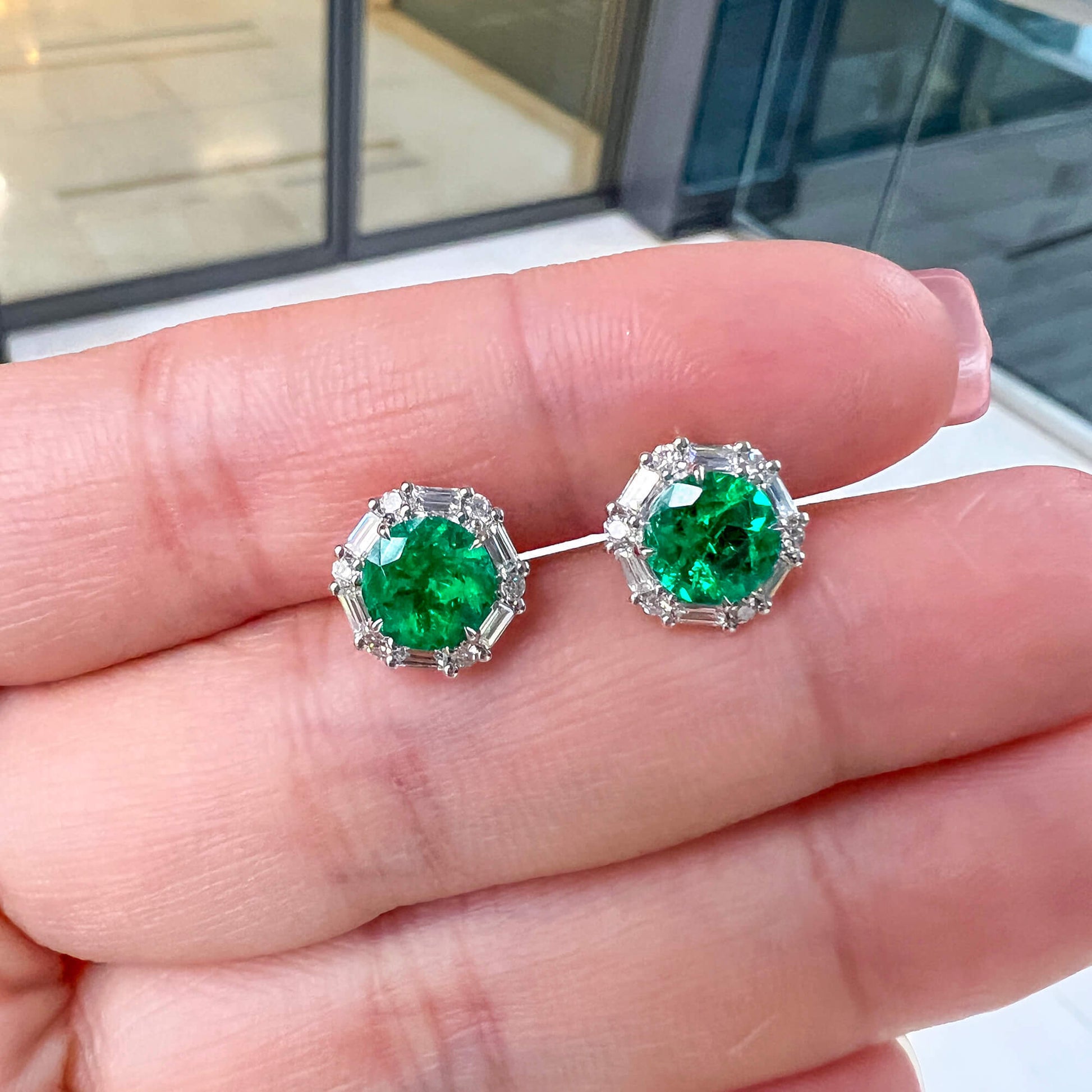 Natural Vivid Green Colombian Emerald Studs Earrings, 18K White Gold, Round Shape, 2.34 Ct. TW, Not Treated