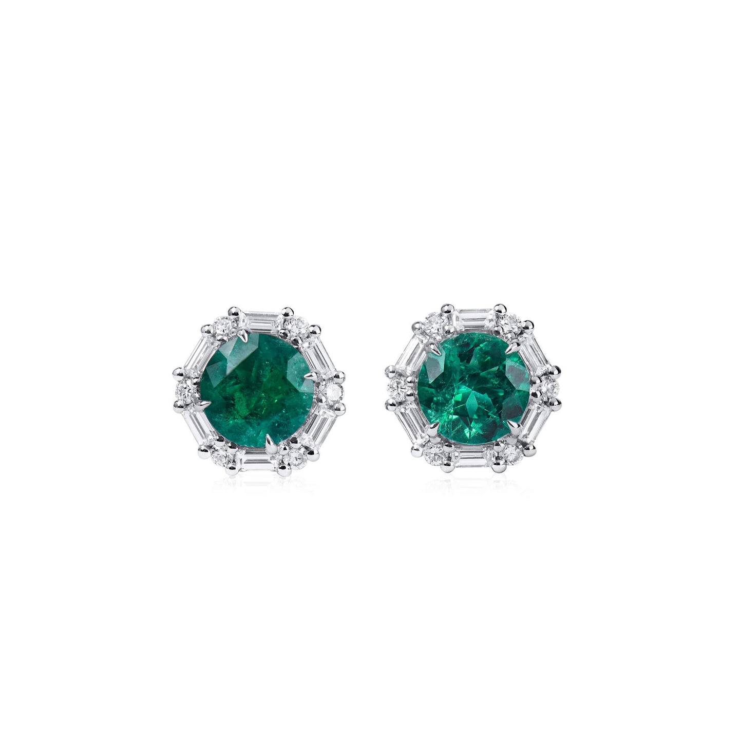 Natural Vivid Green Colombian Emerald Studs Earrings, 18K White Gold, Round Shape, 2.34 Ct. TW, Not Treated