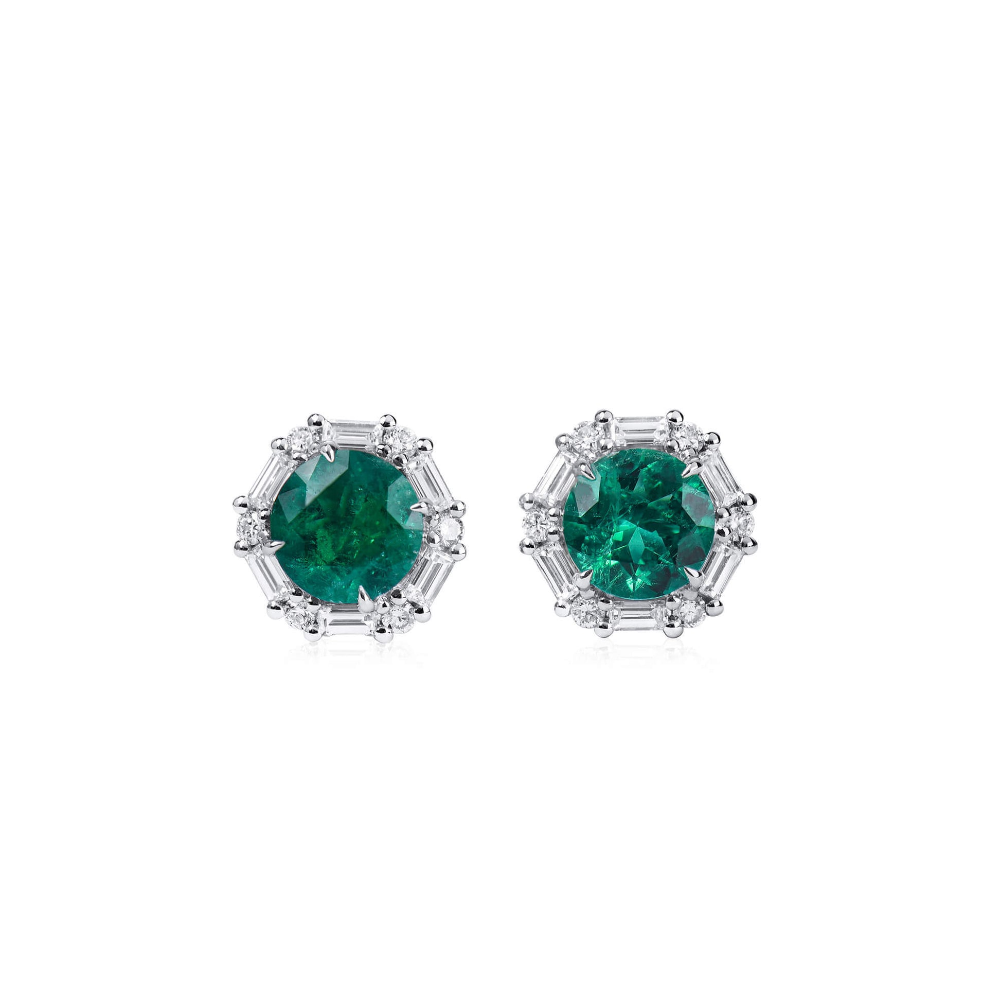 Natural Vivid Green Colombian Emerald Studs Earrings, 18K White Gold, Round Shape, 2.34 Ct. TW, Not Treated