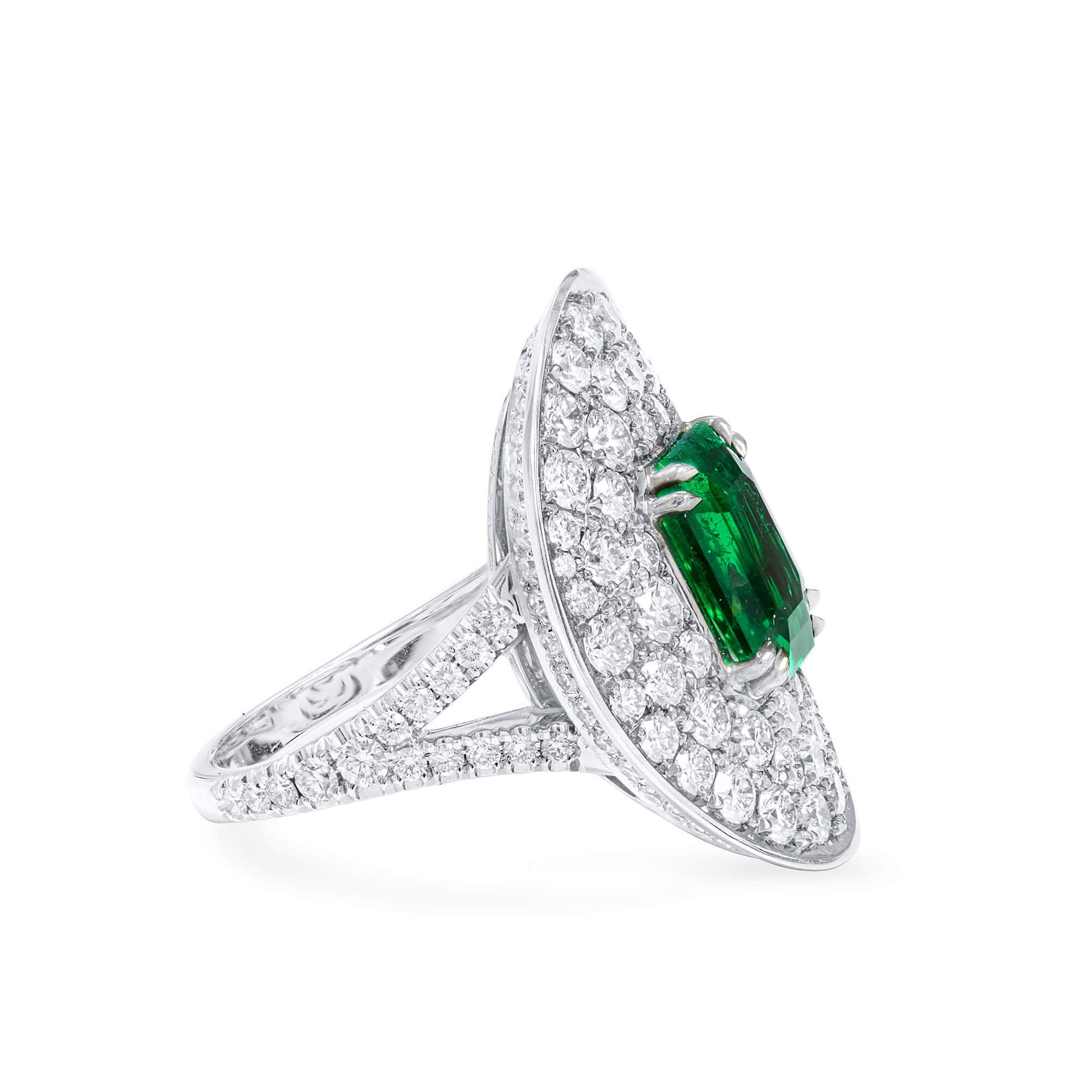 Natural Green Colombian Emerald Halo Ring, 18K White Gold, Emerald Shape, 6.44 Ct. TW