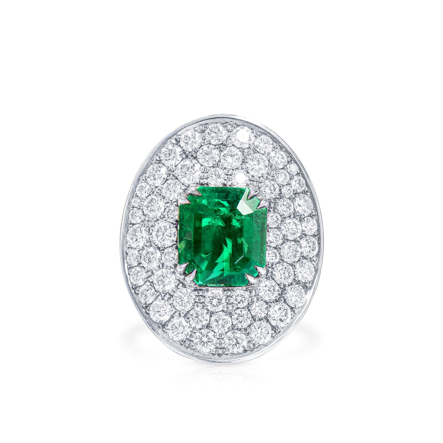 Natural Green Colombian Emerald Halo Ring, 18K White Gold, Emerald Shape, 6.44 Ct. TW