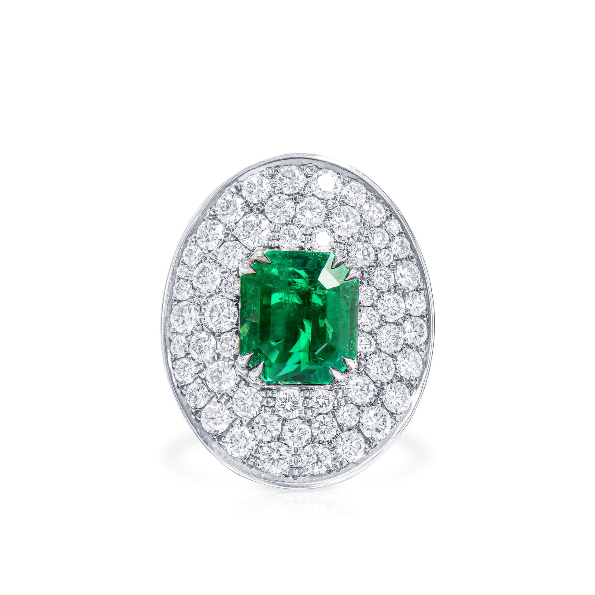 Natural Green Colombian Emerald Halo Ring, 18K White Gold, Emerald Shape, 6.44 Ct. TW