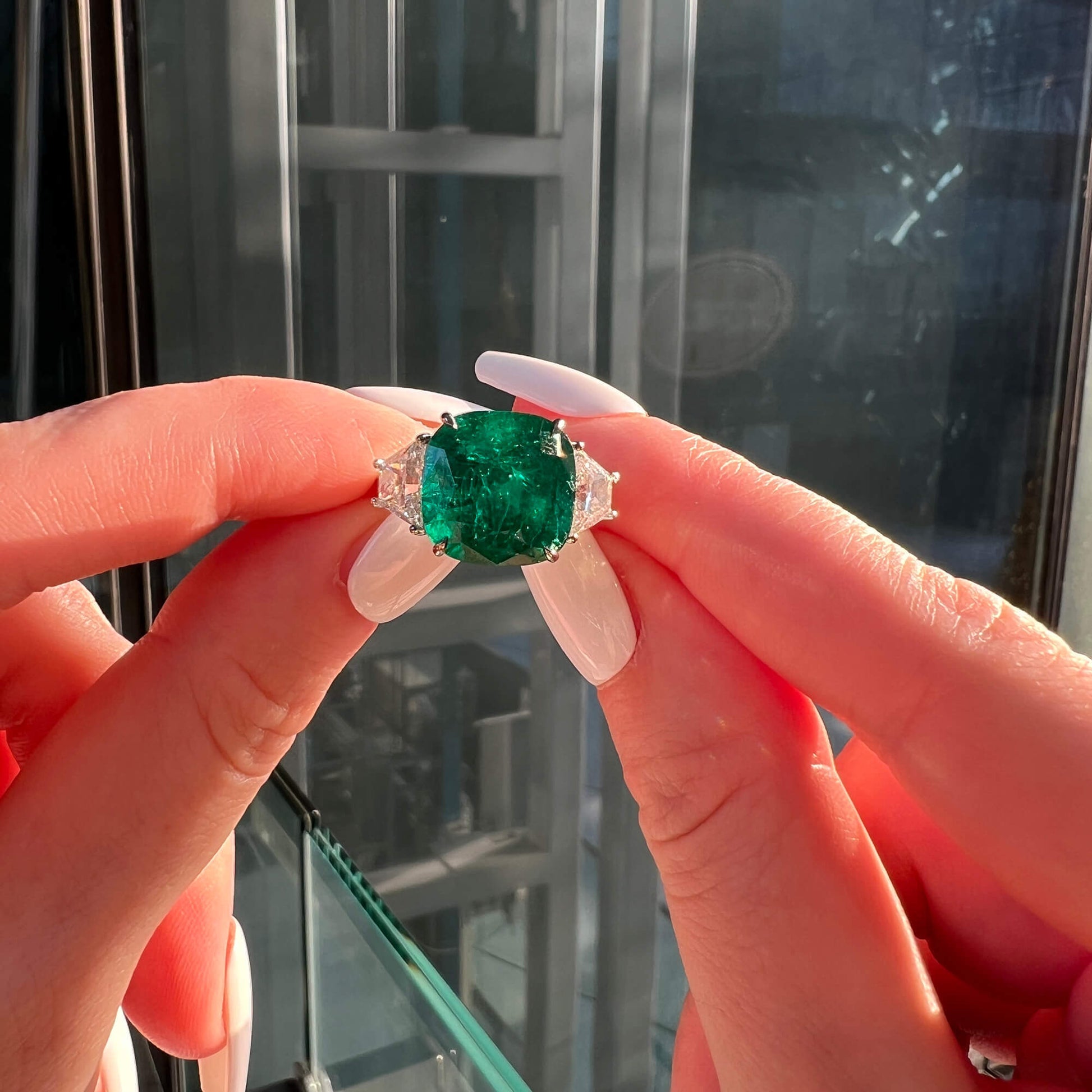 Natural Green Colombia Emerald Ring, 9.15 Ct. TW, Cushion shape, GRS Certified